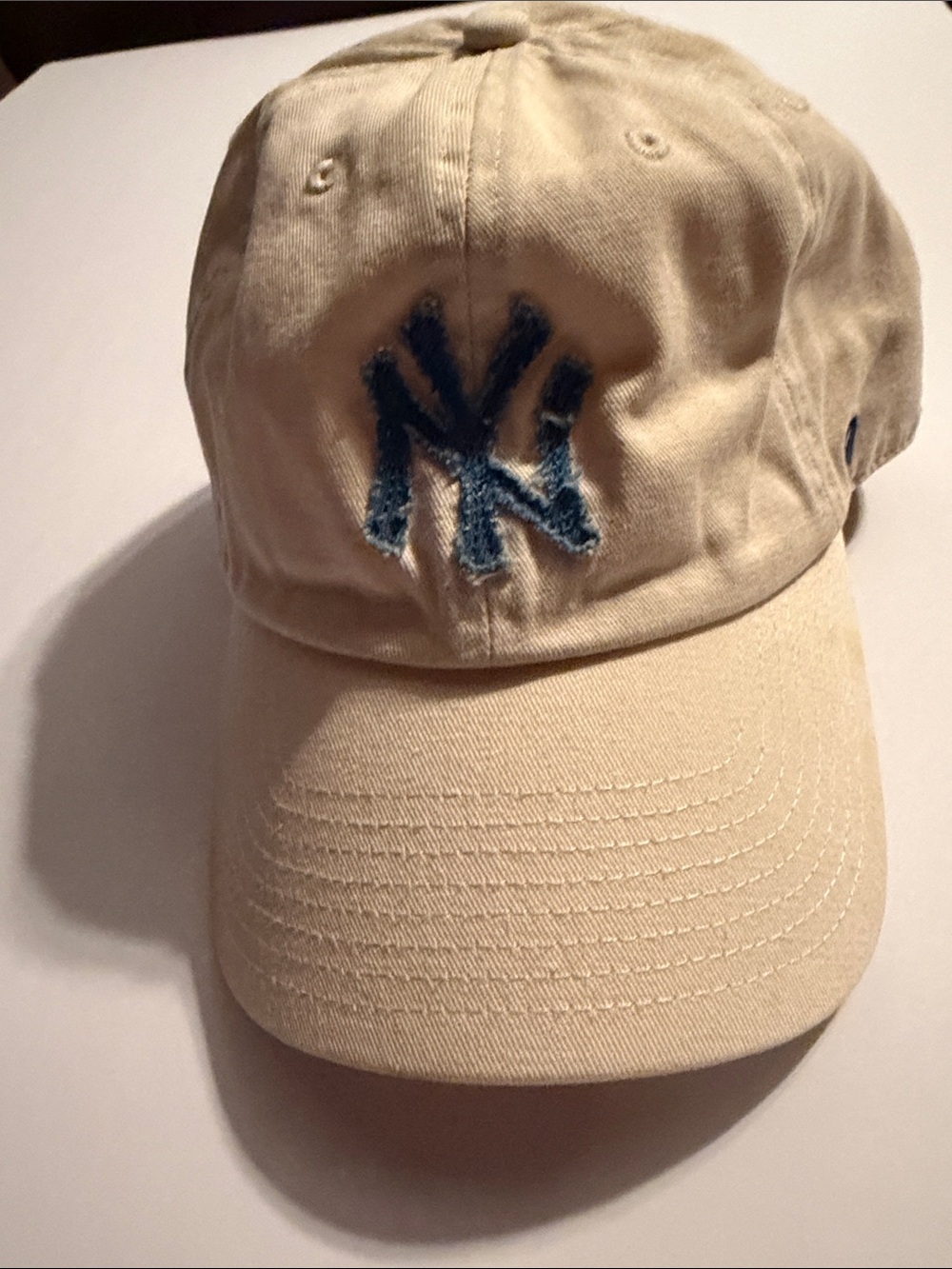 47 Mens Beige Baseball Cap with Distressed Blue NY Logo